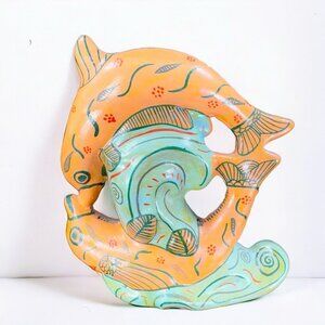 Mexico Folk Art Pottery Tonala Ceramics Orange Dolphins Fish On Wave Painted